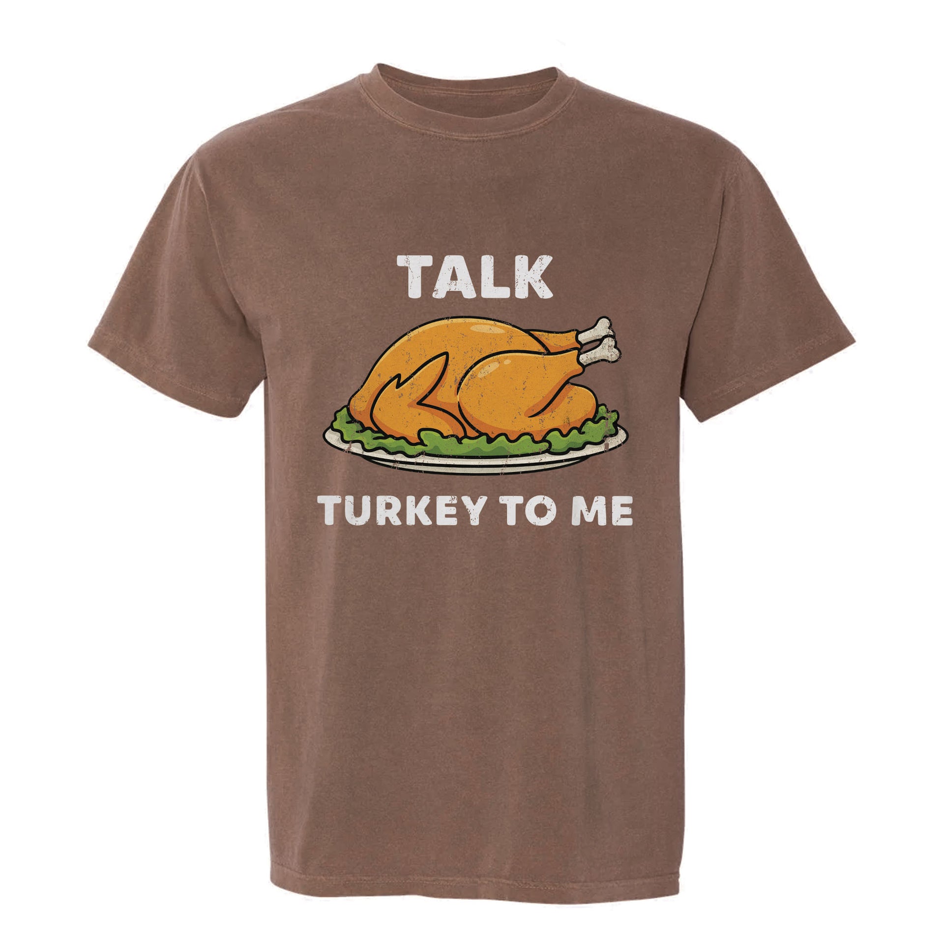 Brown Thanksgiving graphic t-shirt with 'Talk Turkey to Me'  on a white background