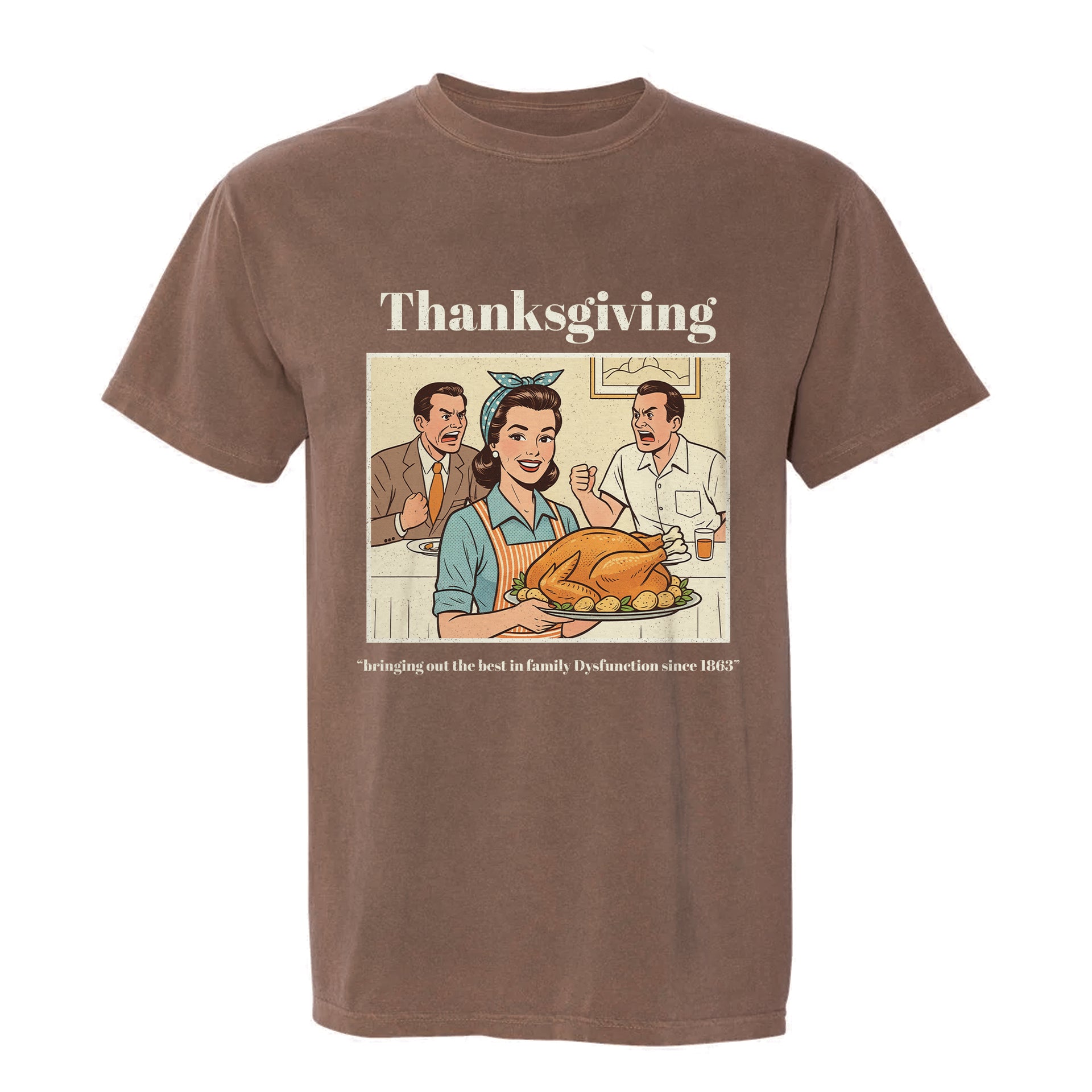 Brown Thanksgiving graphic t-shirt featuring a festive family and turkey design.