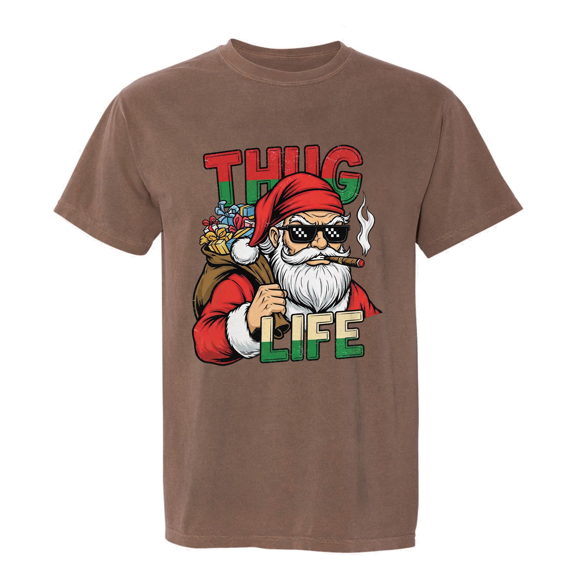 Brown Christmas graphic t-shirt with Santa-style character and "Thug Life" text.