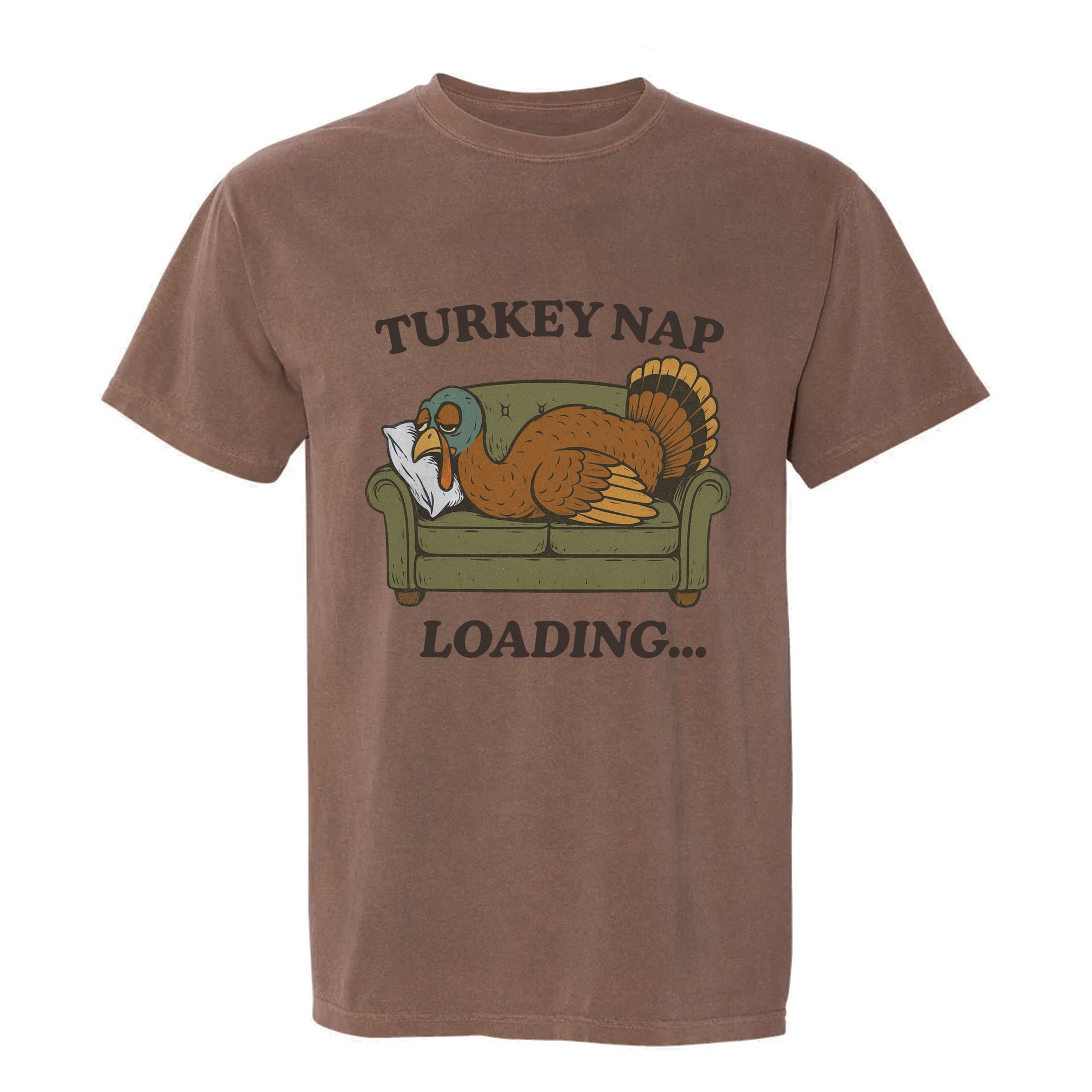 Brown Thanksgiving t-shirt with a graphic of a turkey on a couch and text 'Turkey Nap Loading...' on a white background