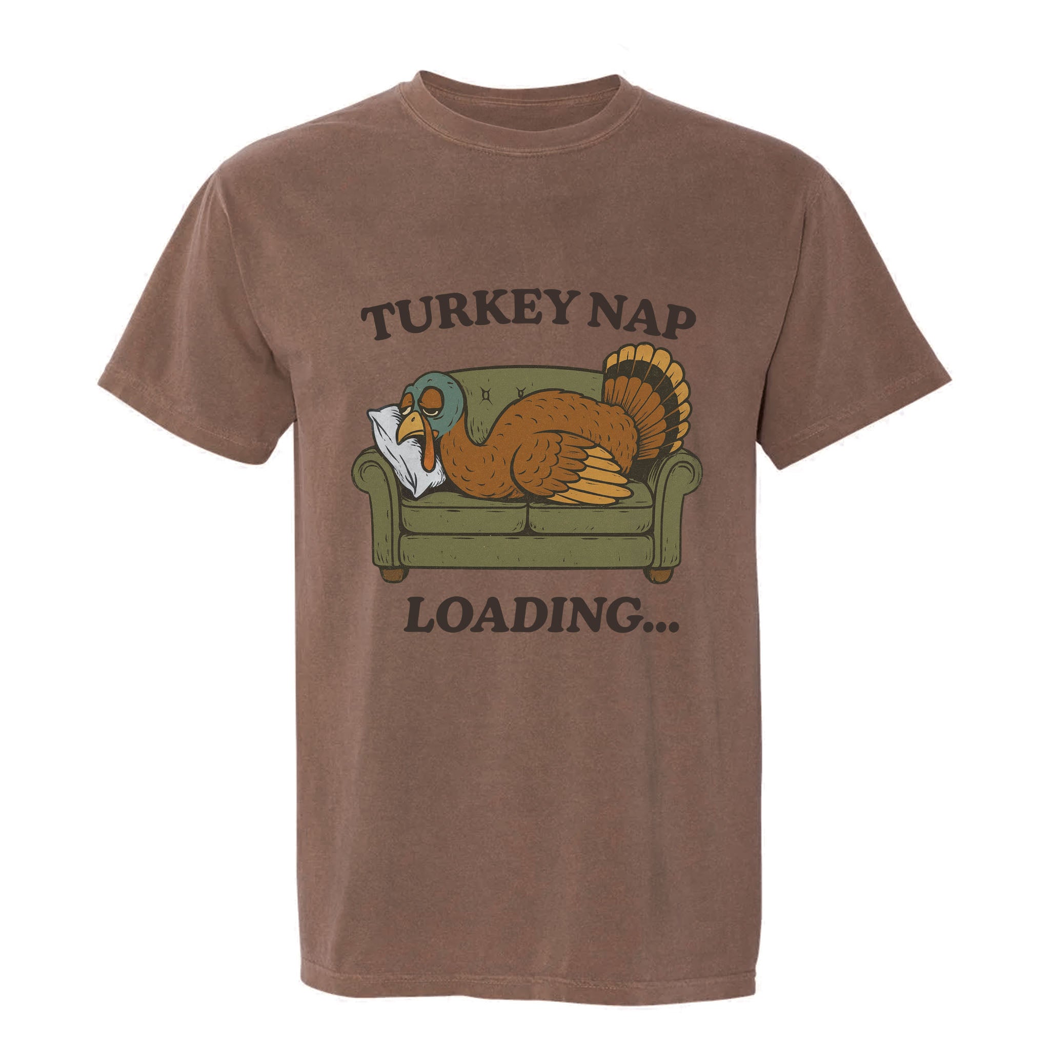 Brown Thanksgiving t-shirt with a graphic of a turkey on a couch and text 'Turkey Nap Loading...' on a white background