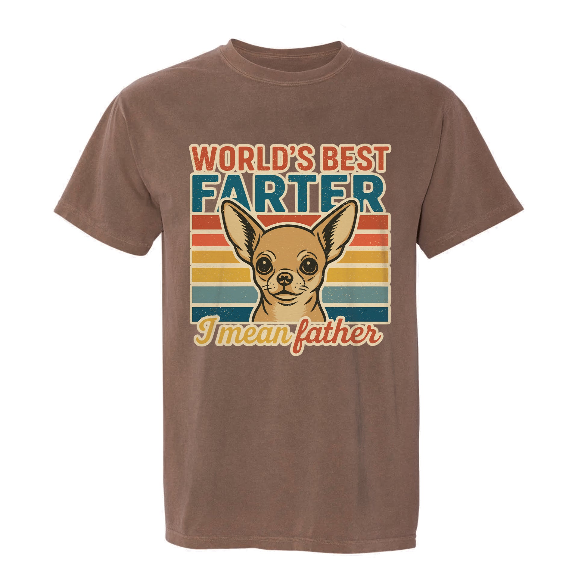 Brown funny graphic t-shirt with dog and text 'World's Best Farter I Mean Father'