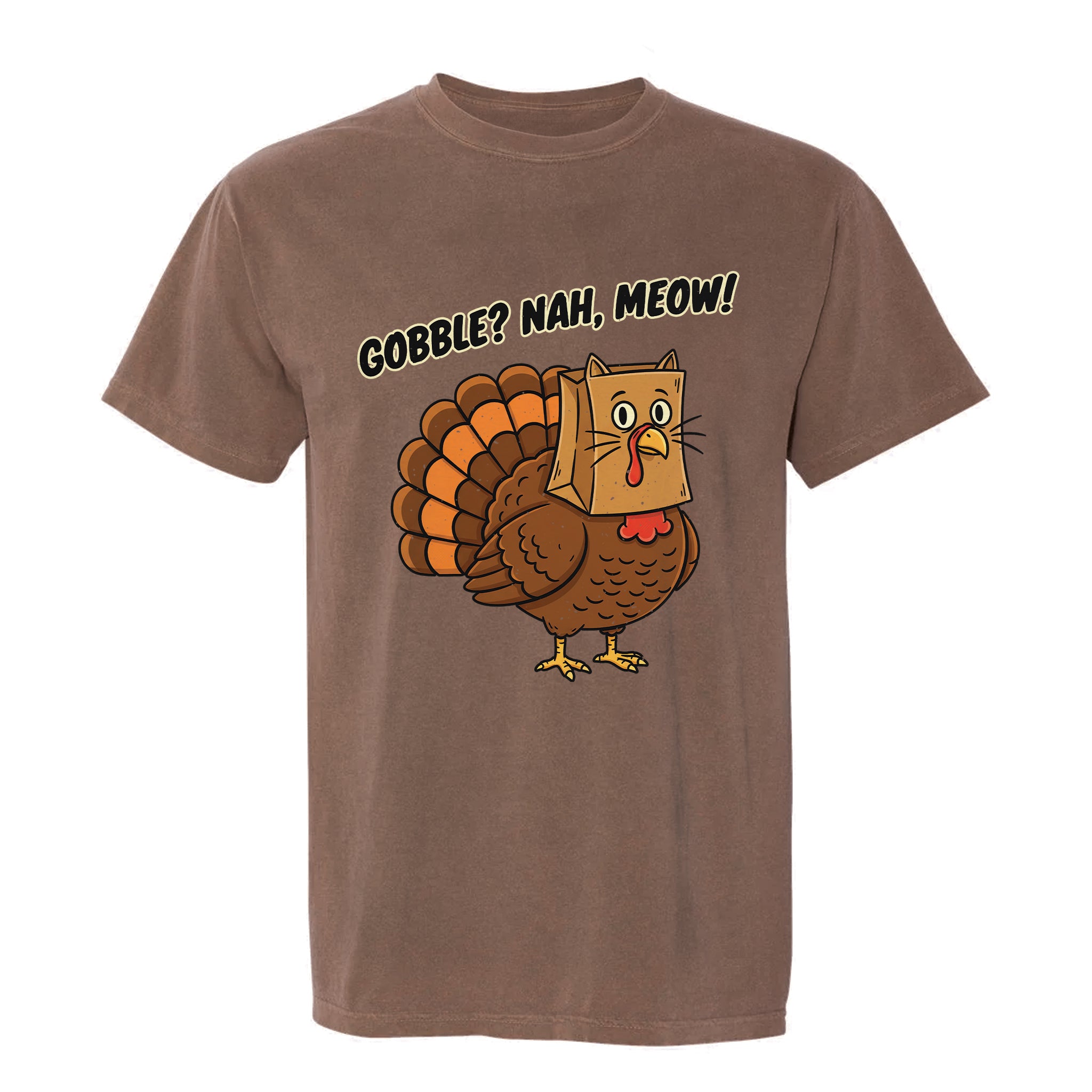 Brown Thanksgiving t-shirt with a cartoon turkey wearing a cat mask and text 'Gobble? Nah, Meow!' 