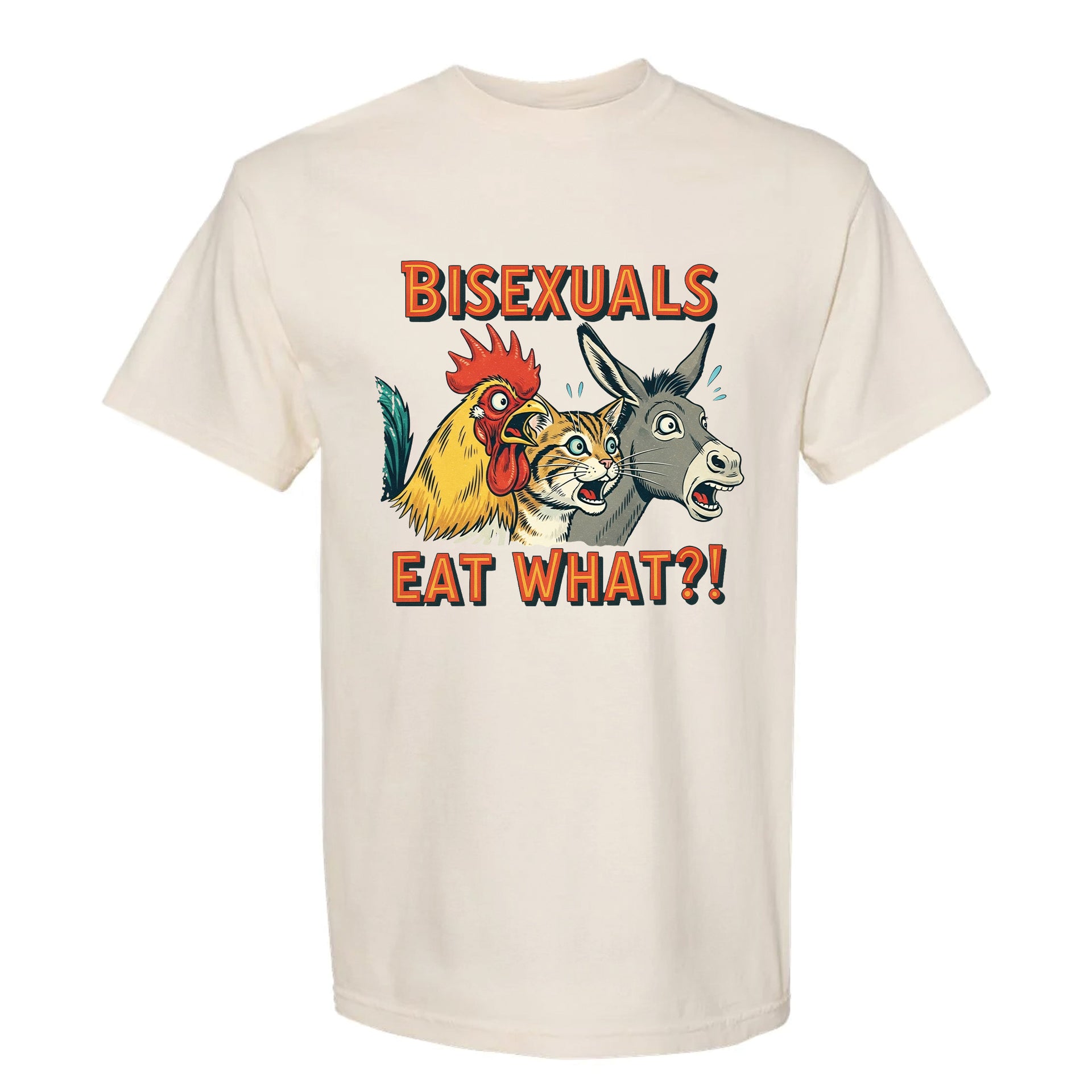 Ivory funny graphic t-shirt with animal graphics and text 'Bisexuals Eat What'