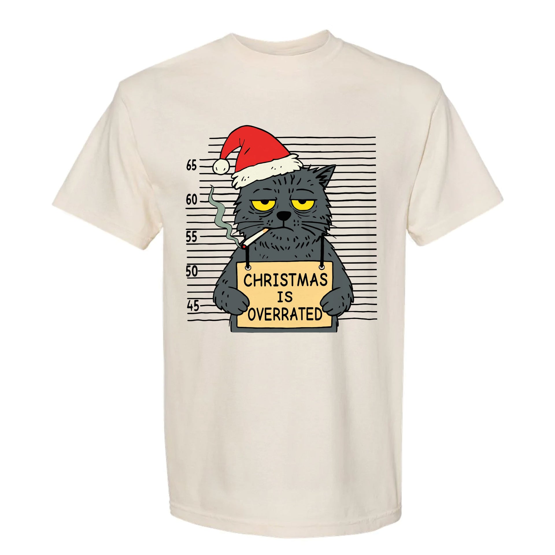Beige Christmas t-shirt with a graphic of a cat in a Santa hat holding a sign saying 'Christmas is Overrated'