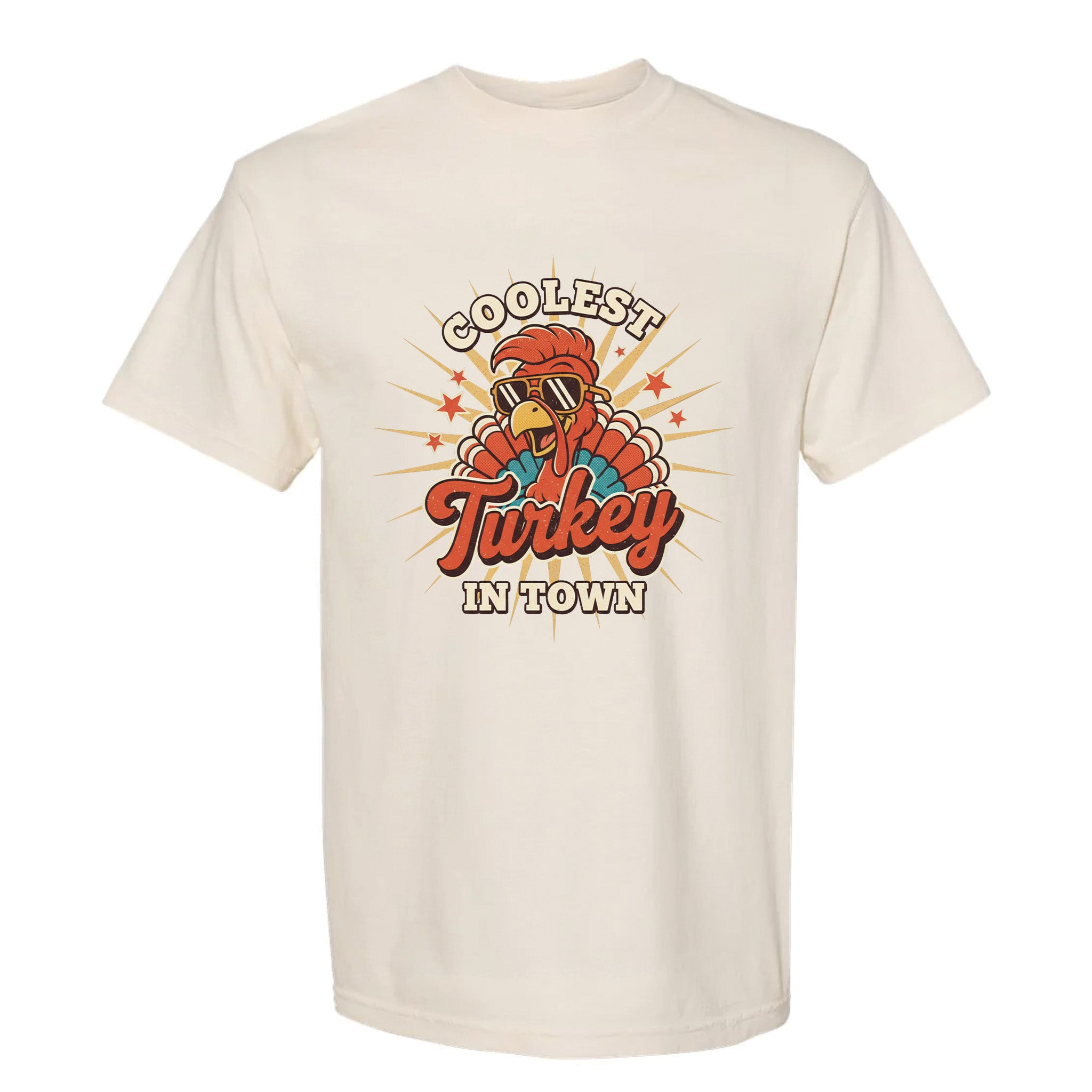 Beige Thanksgiving graphic t-shirt with 'Coolest Turkey in Town' graphic design on a white background