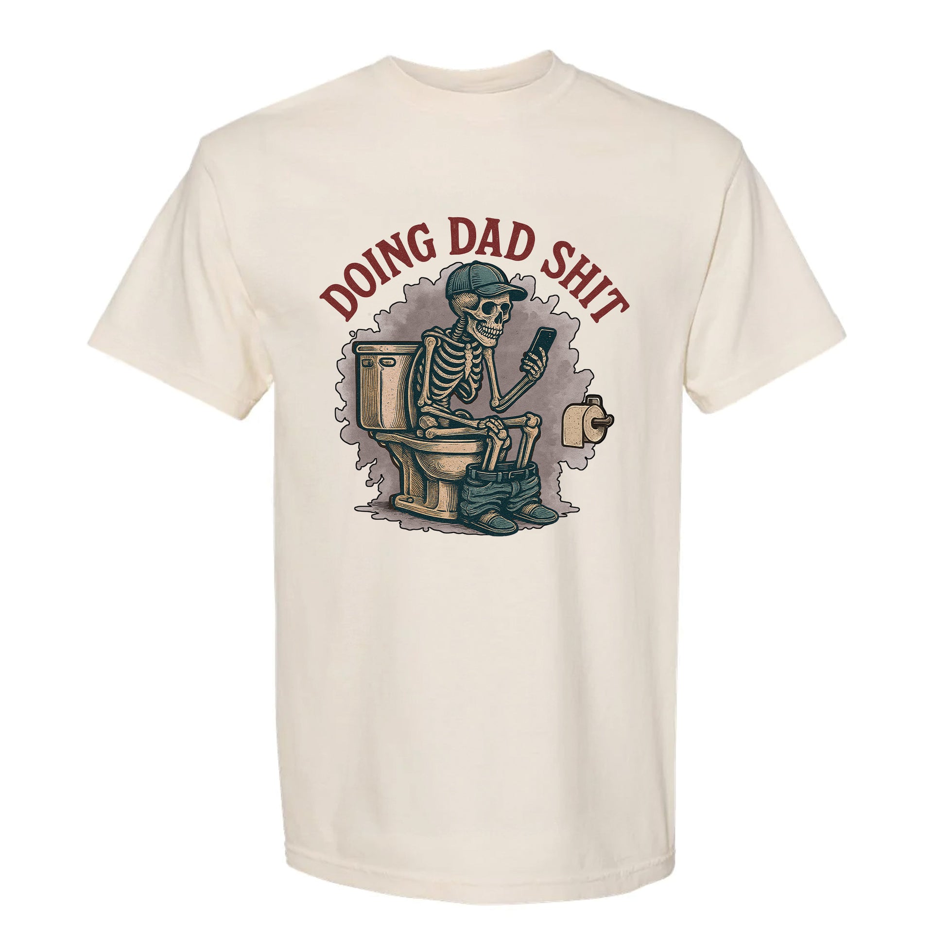Beige funny graphic t-shirt with a skeleton graphic and text 'DOING DAD SHIT'