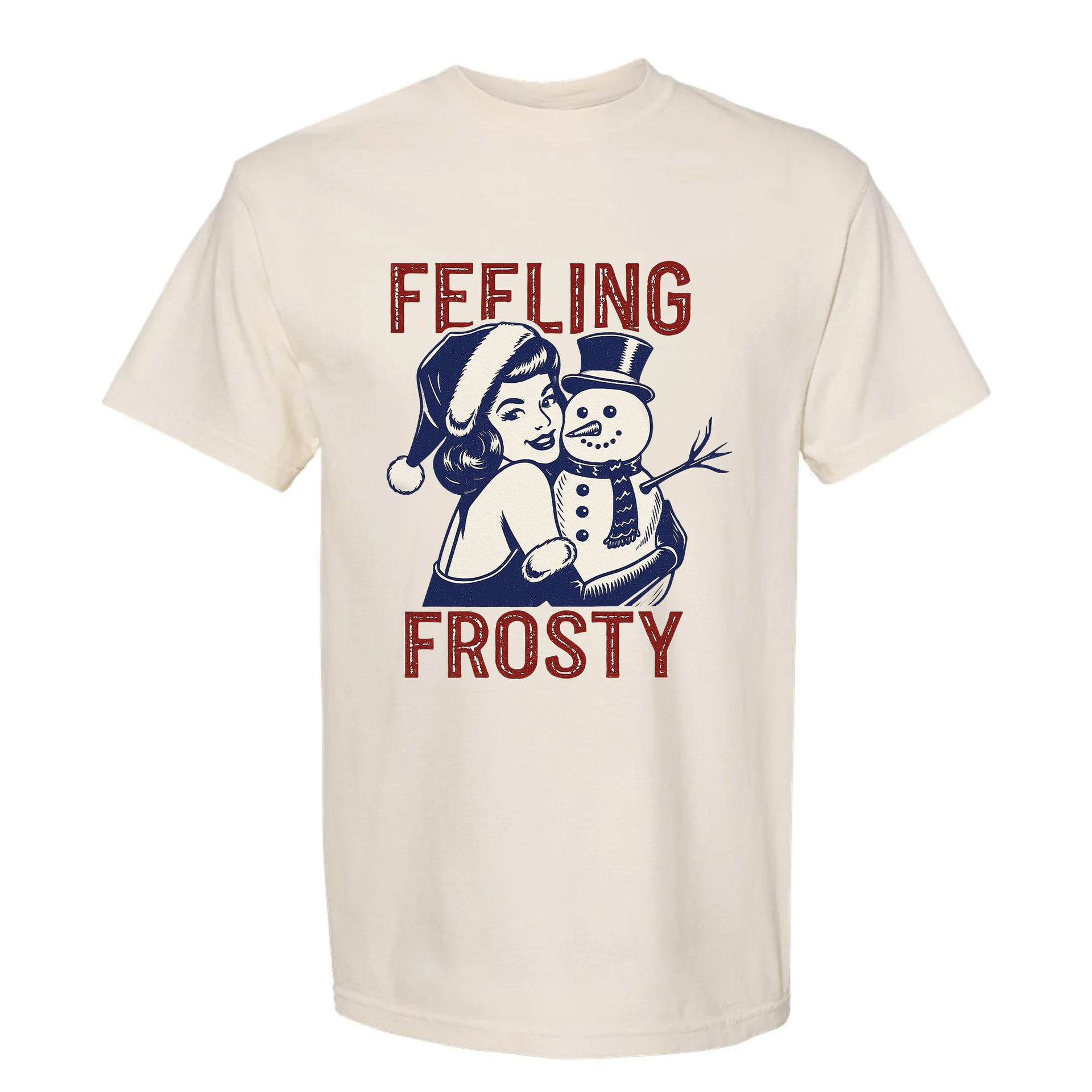 Beige Christmas graphic t-shirt with a graphic of a woman and snowman and text 'Feeling Frosty'.