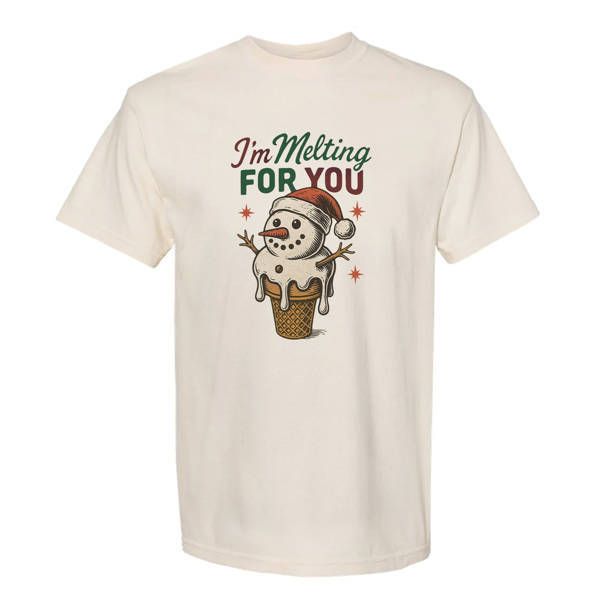 Beige Christmas graphic t-shirt with a snowman in an ice cream cone graphic and text "I'm Melting For You".