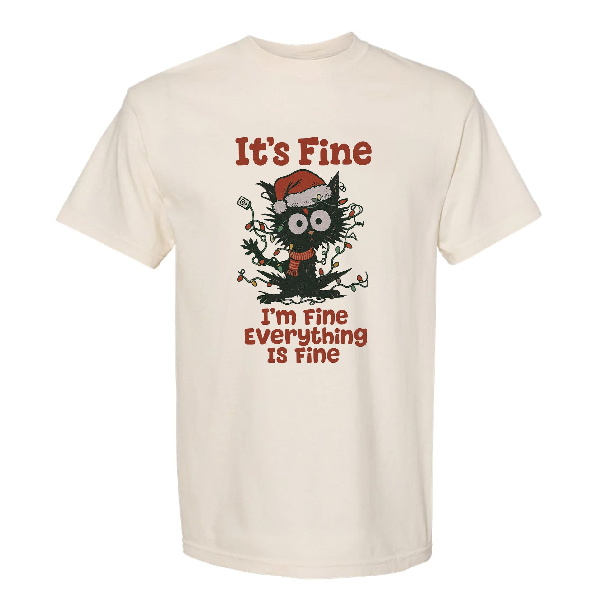 Beige Christmas graphic t-shirt with funny black cat wearing Santa hat and tangled lights, featuring the text 'It’s Fine I’m Fine Everything Is Fine'.
