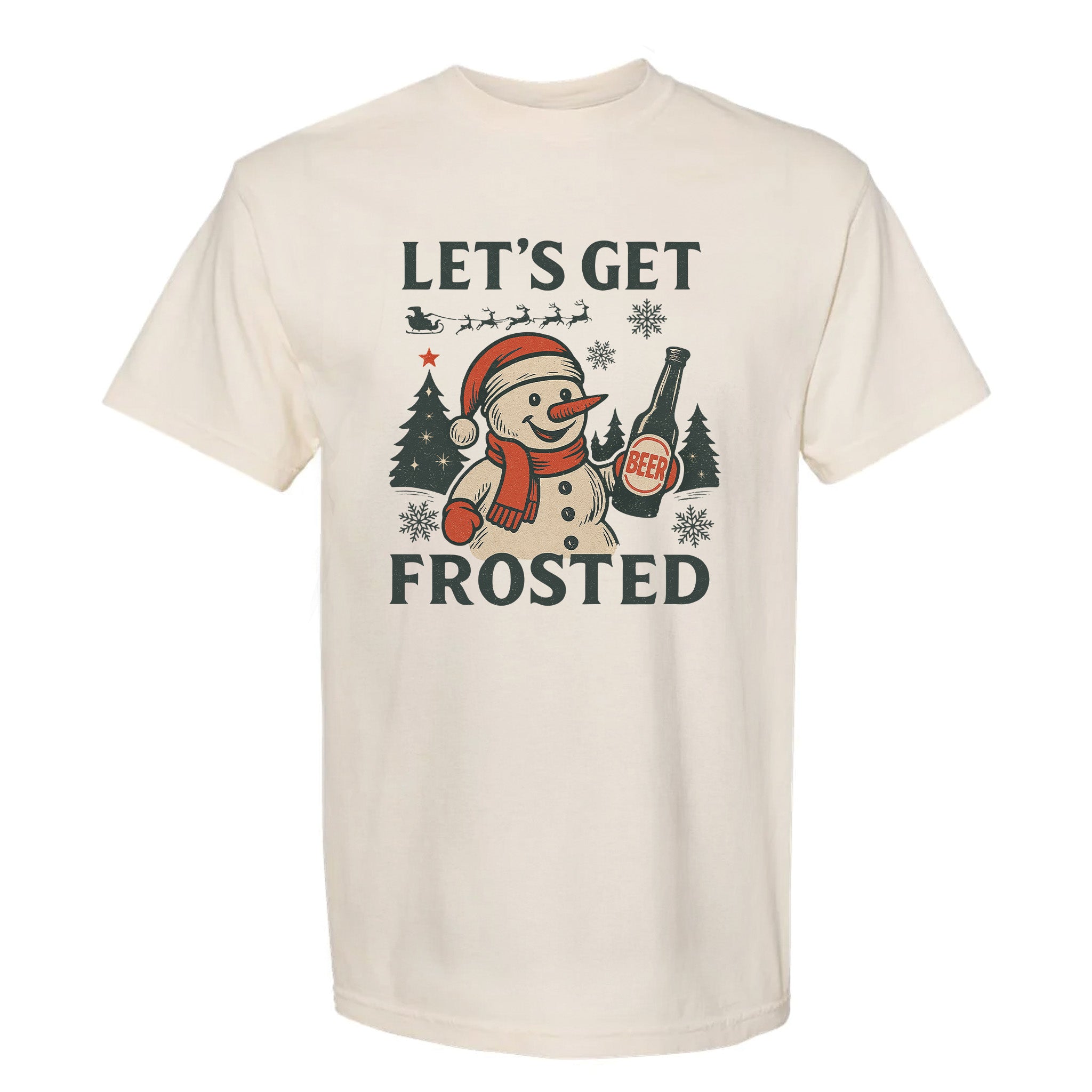 Beige Christmas graphic t-shirt with text 'Let's Get Frosted'