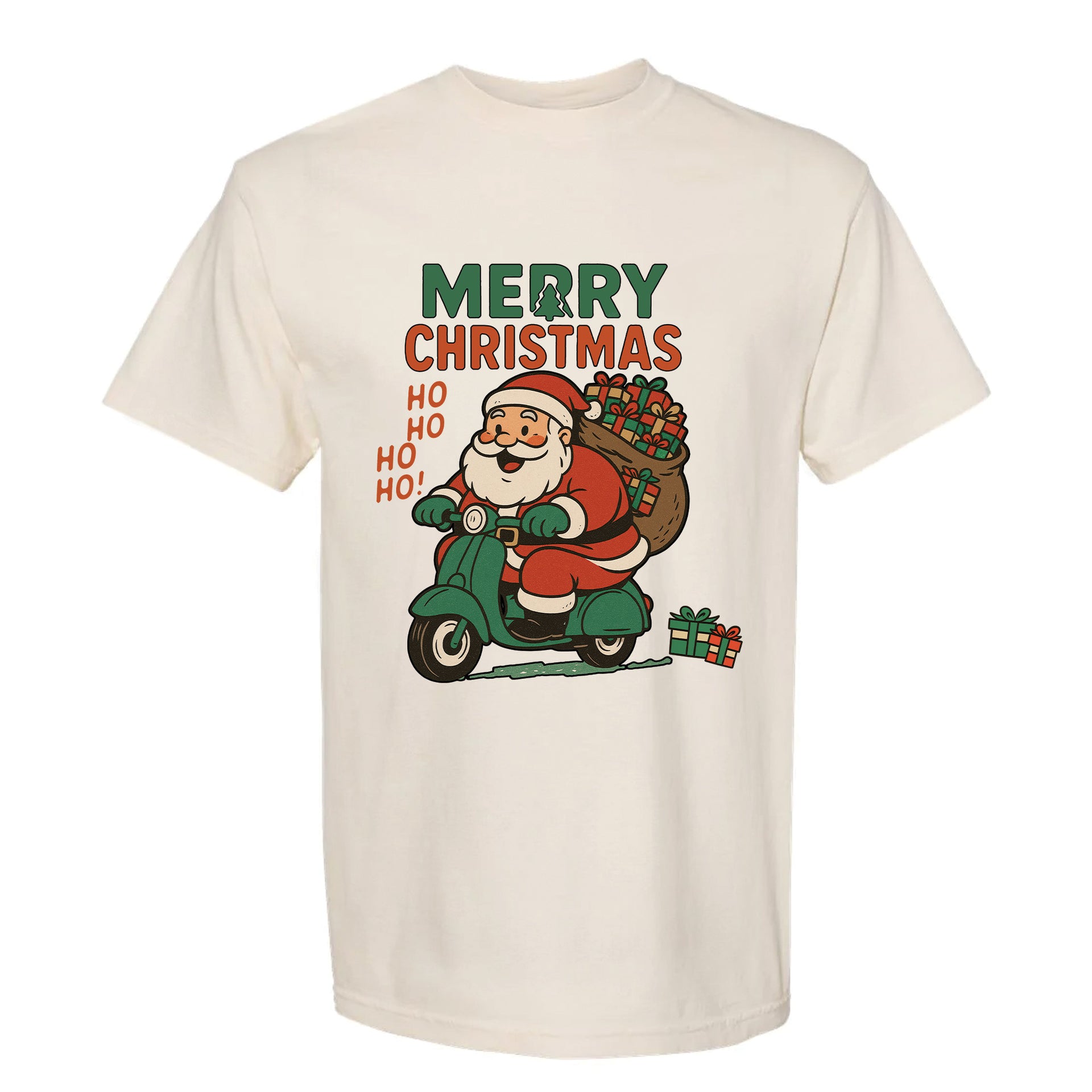 Beige Christmas graphic t-shirt with Santa on green scooter and bag of toys, text: "MERRY CHRISTMAS HO HO HO HO!"