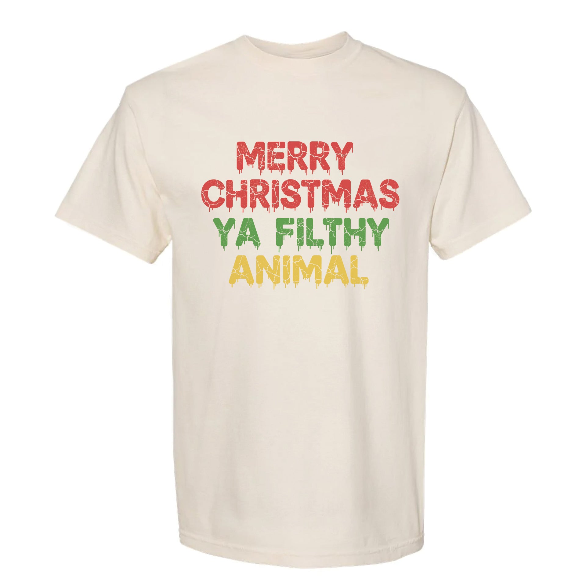 Beige Christmas graphic t-shirt with text 'Merry Christmas Ya Filthy Animal'