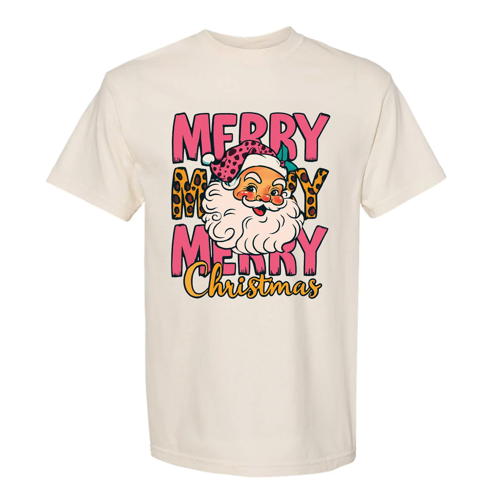 Beige Christmas graphic t-shirt with a colorful Santa Claus graphic and 'Merry Christmas' text.