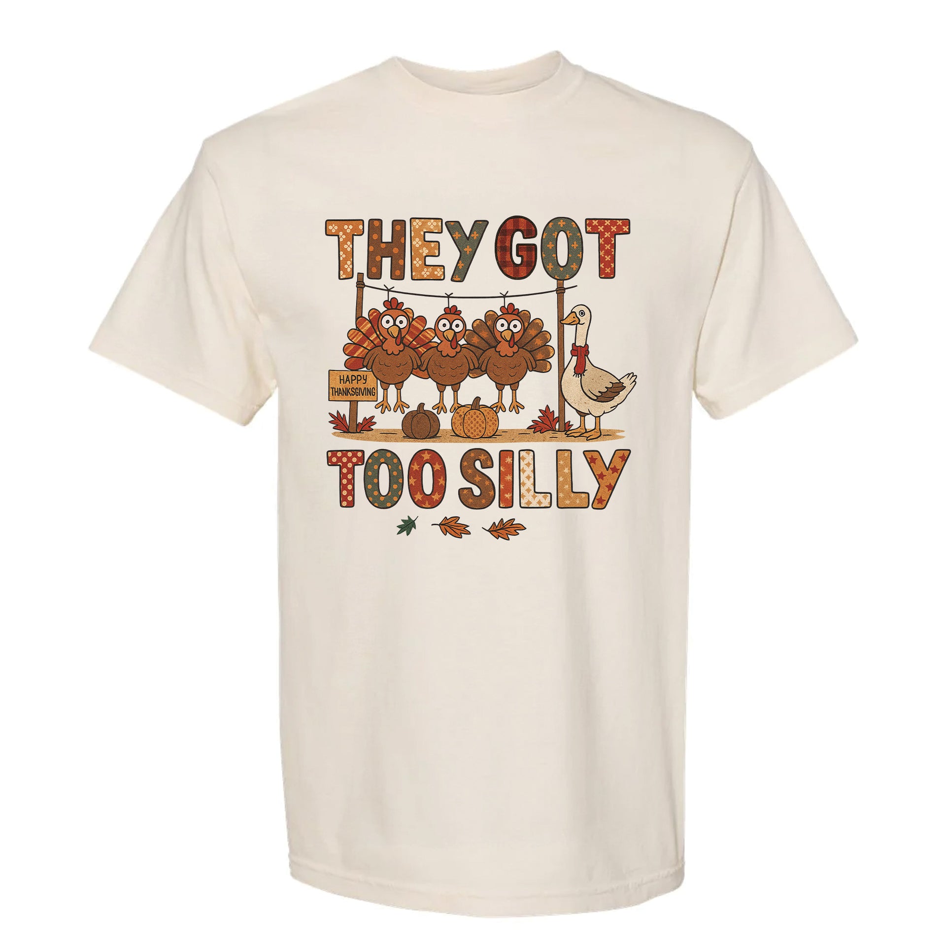 Beige t-shirt with Thanksgiving-themed graphic and text on a white background