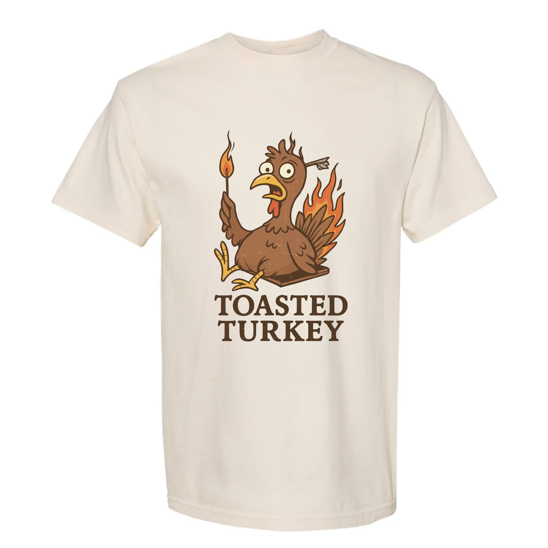 Beige Thanksgiving t-shirt with a cartoon turkey graphic and 'Toasted Turkey' text on a white background