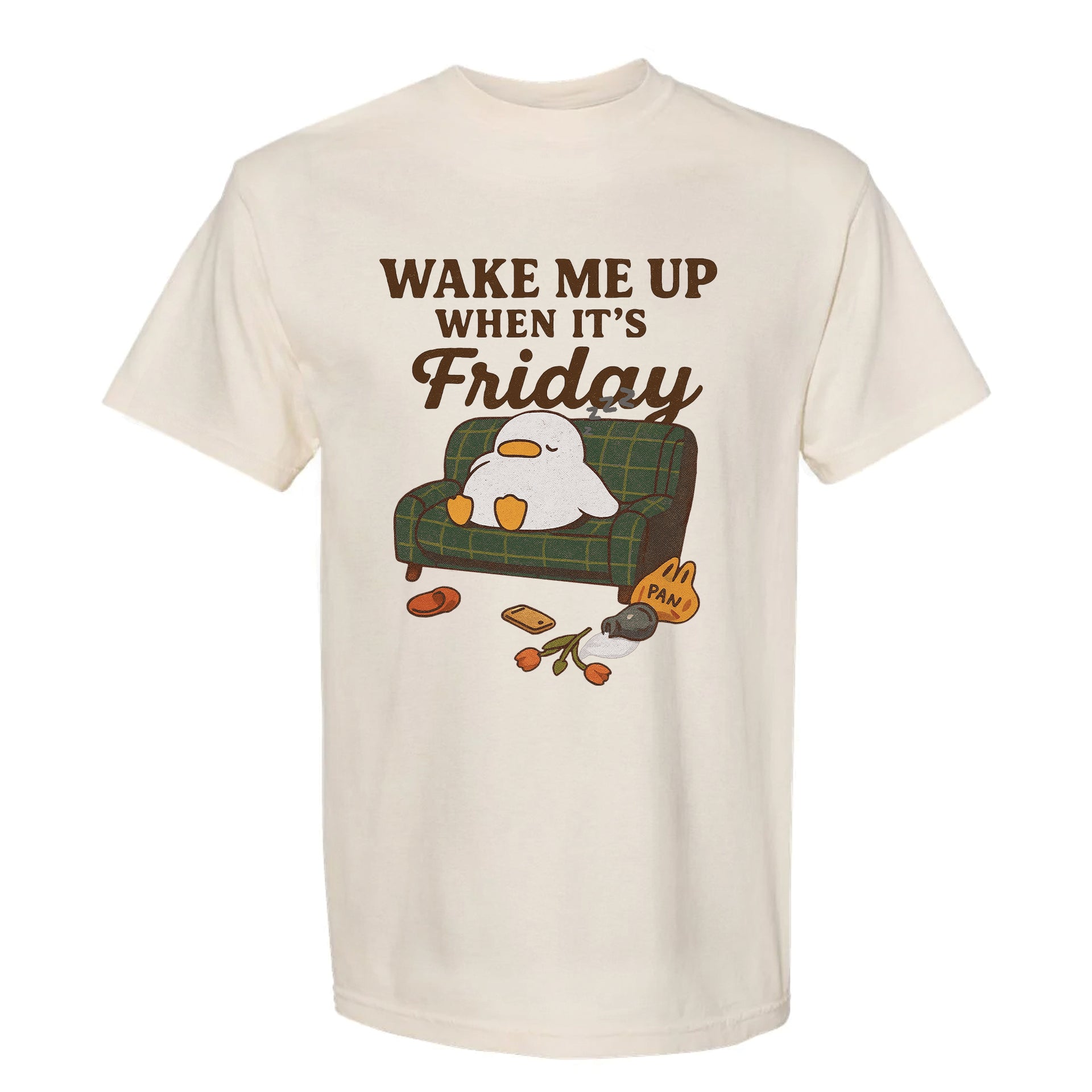 Beige funny graphic t-shirt with cartoon duck on a couch and text "Wake Me Up When It's Friday".