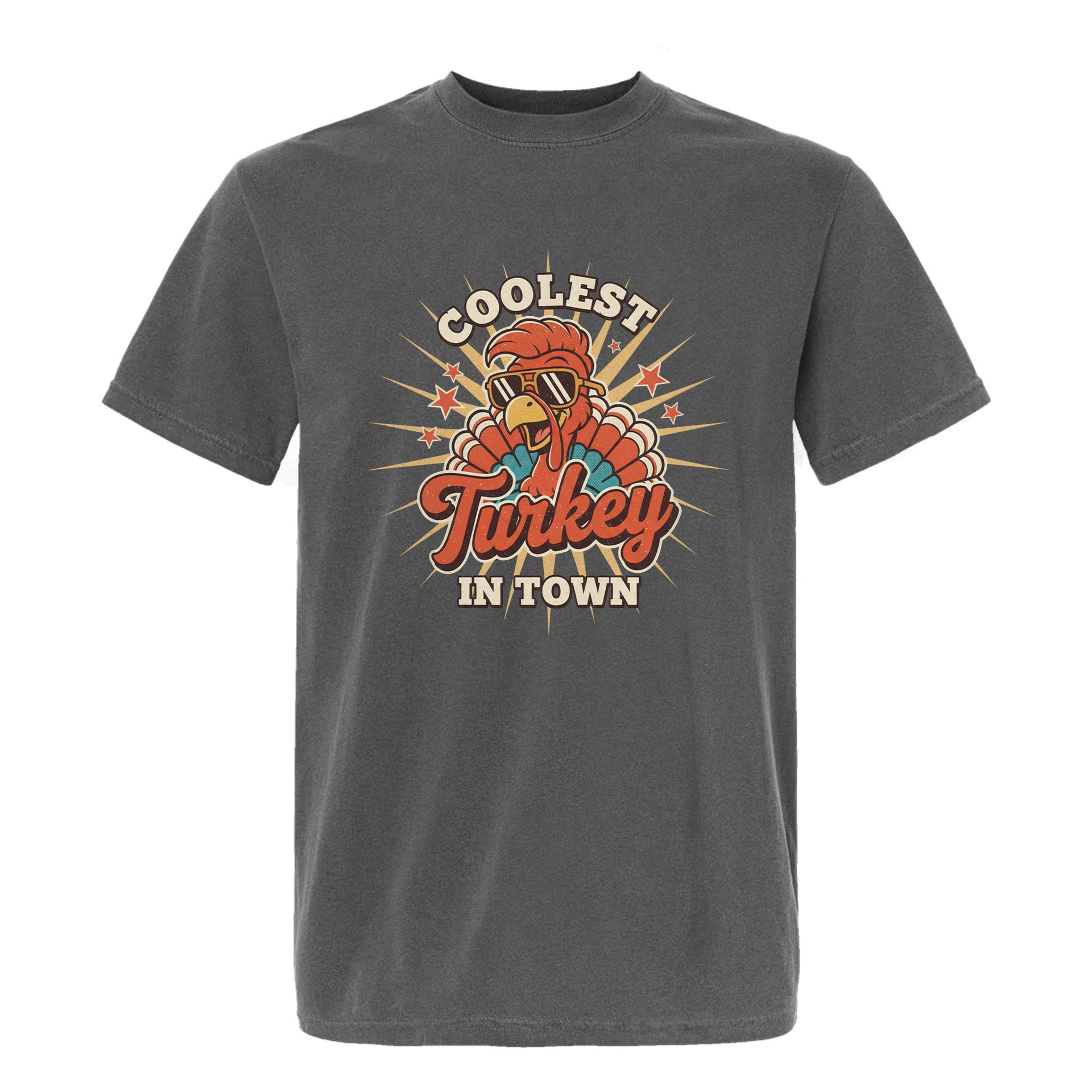 Gray Thanksgiving graphic t-shirt with 'Coolest Turkey in Town' graphic design on a white background