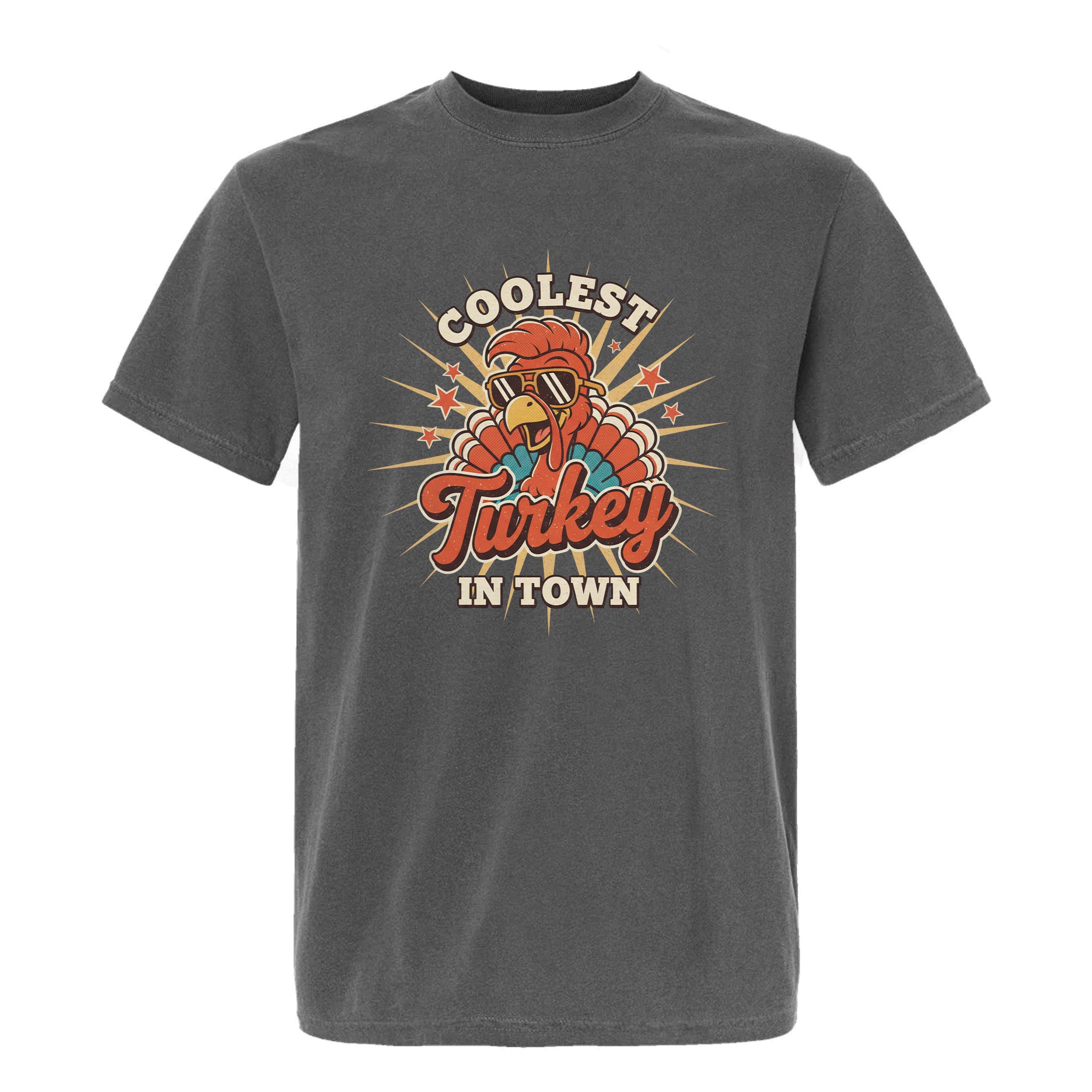Gray Thanksgiving graphic t-shirt with 'Coolest Turkey in Town' graphic design on a white background