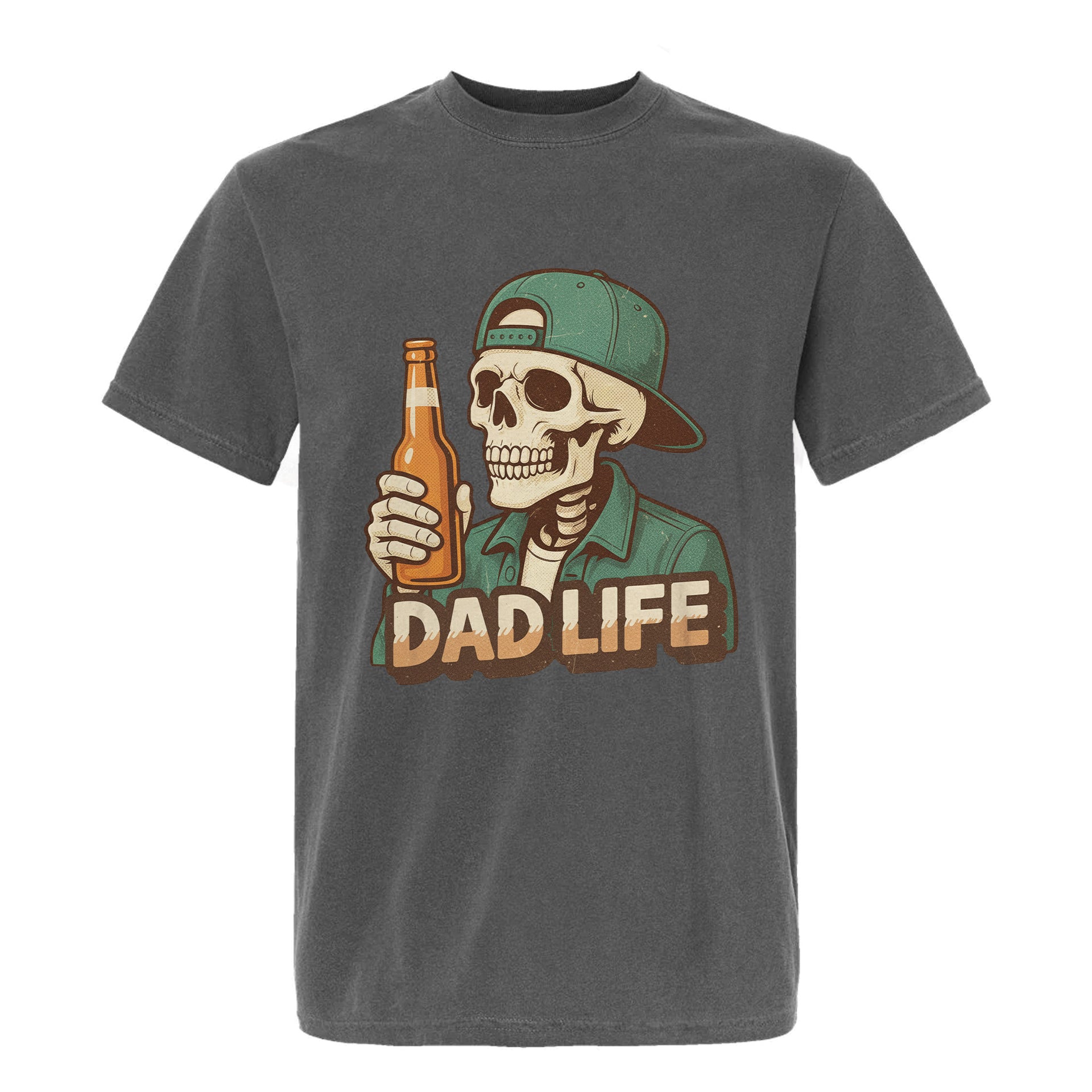 Gray funny graphic t-shirt with a graphic of a skeleton wearing a cap and holding a beer bottle, labeled "Dad Life".