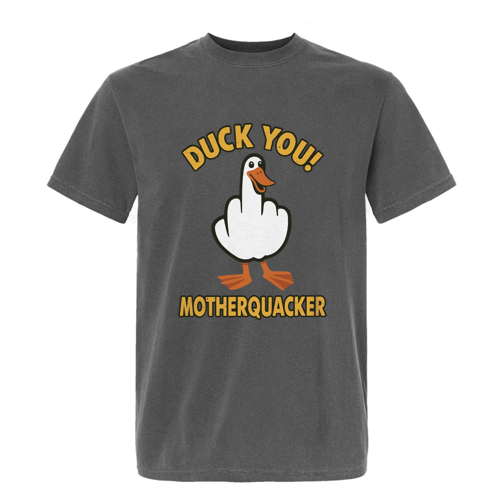 Gray funny graphic t-shirt with a graphic of a duck and text "Duck You Mothequacker"