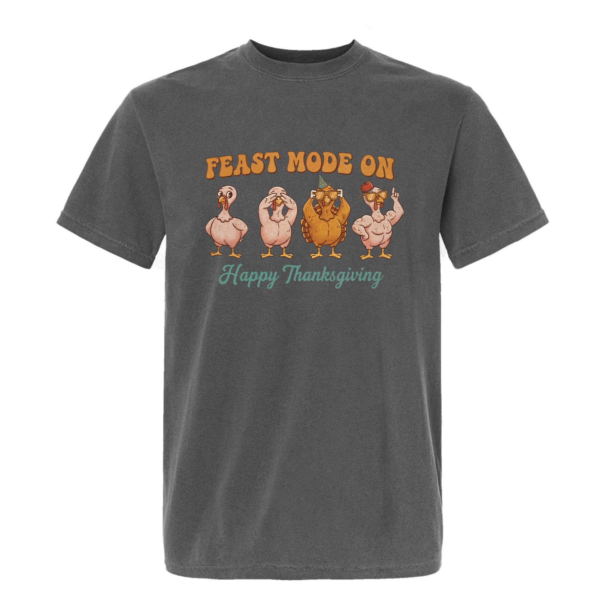 Gray Thanksgiving graphic t-shirt with Thanksgiving graphic and text 'Feast Mode On'.