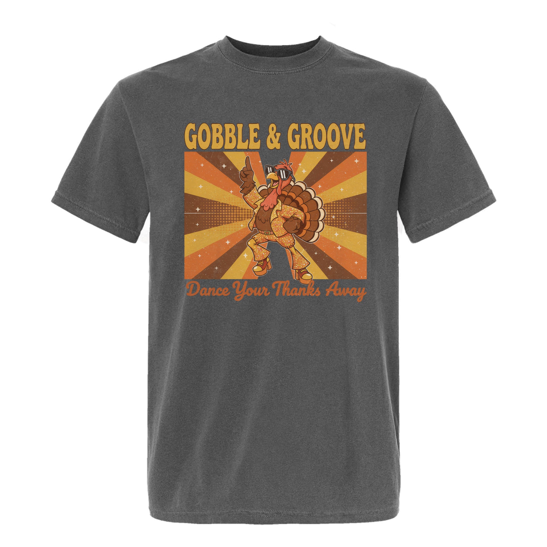 Gray Thanksgiving graphic t-shirt with a Thanksgiving graphic and text 'Gobble & Groove Dance Your Thanks Away'.