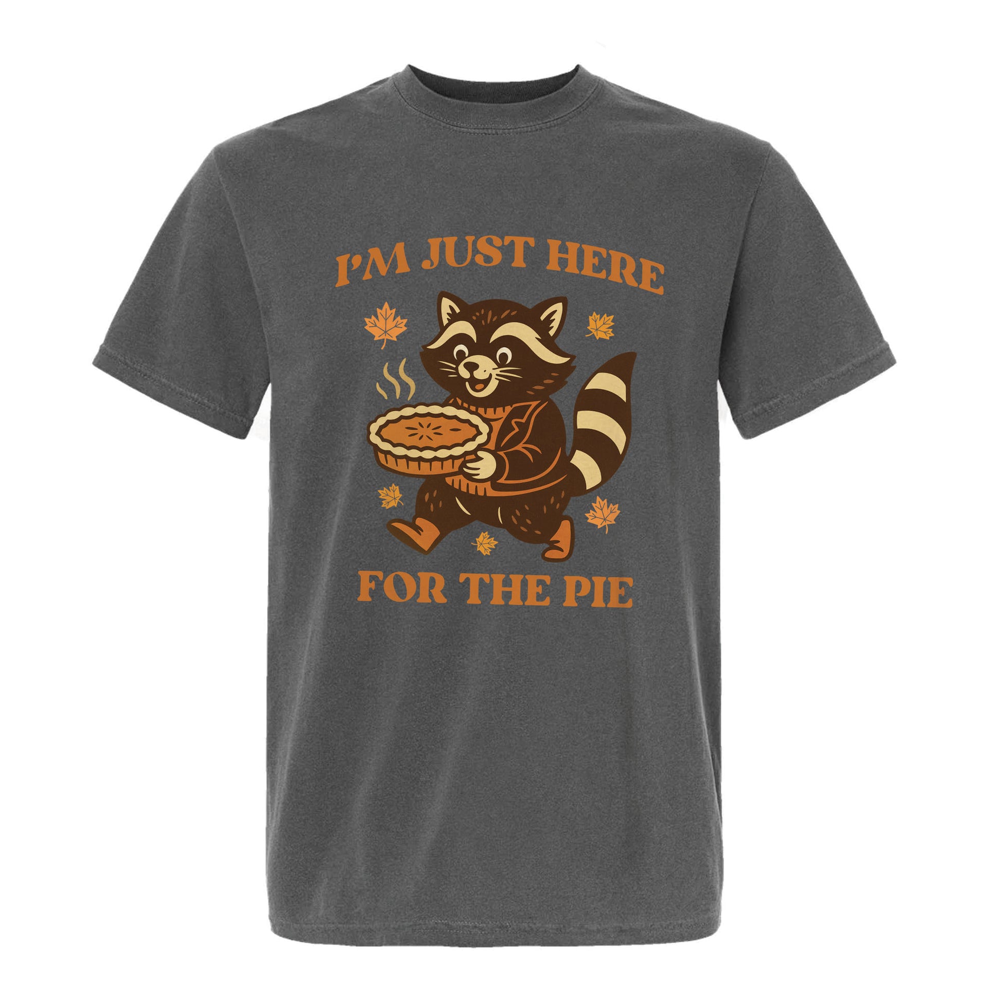 Gray Thanksgiving t-shirt with a raccoon holding a pie graphic and text 'I'm just here for the pie'