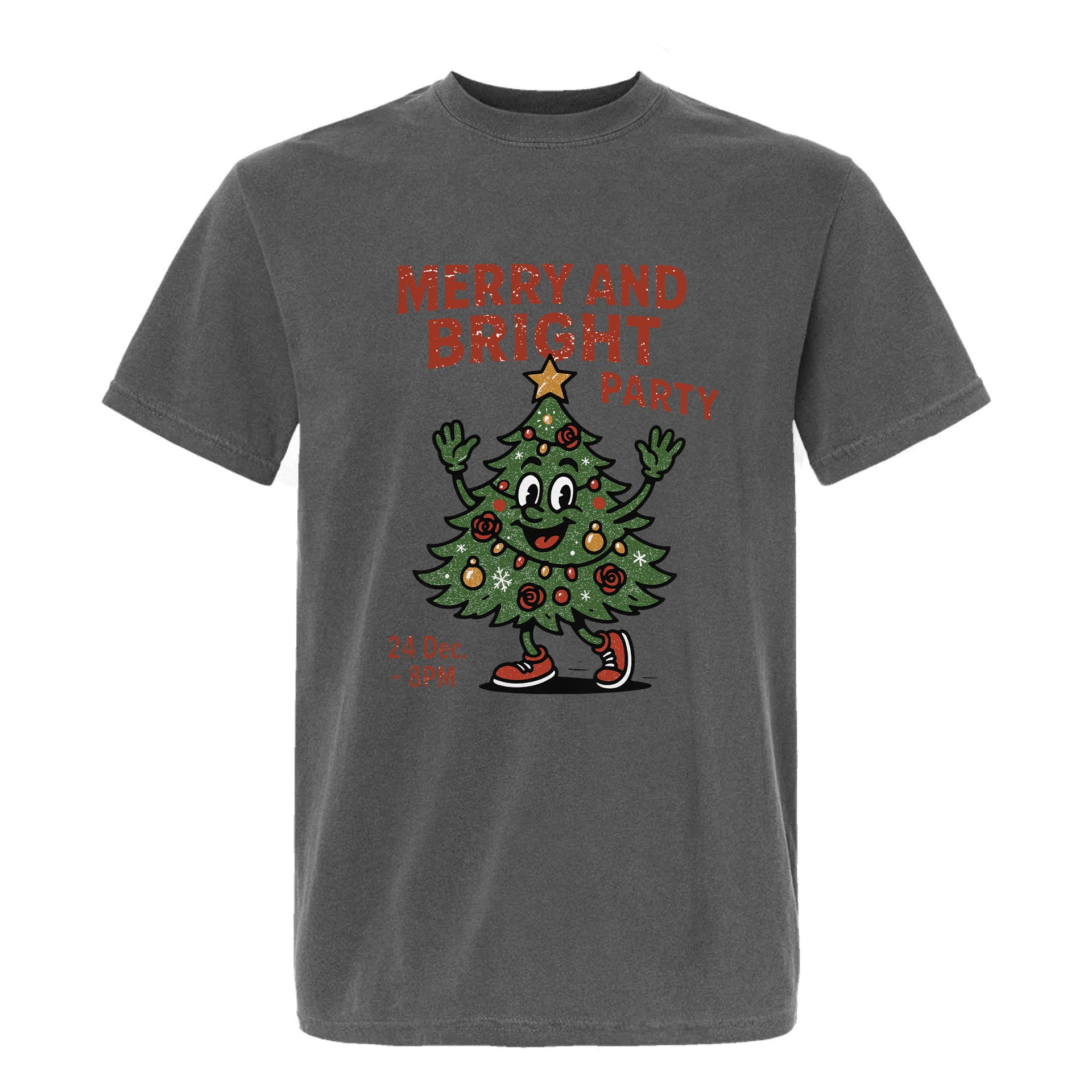 Gray Christmas t-shirt with a Christmas tree design and text 'Merry And Bright Party'