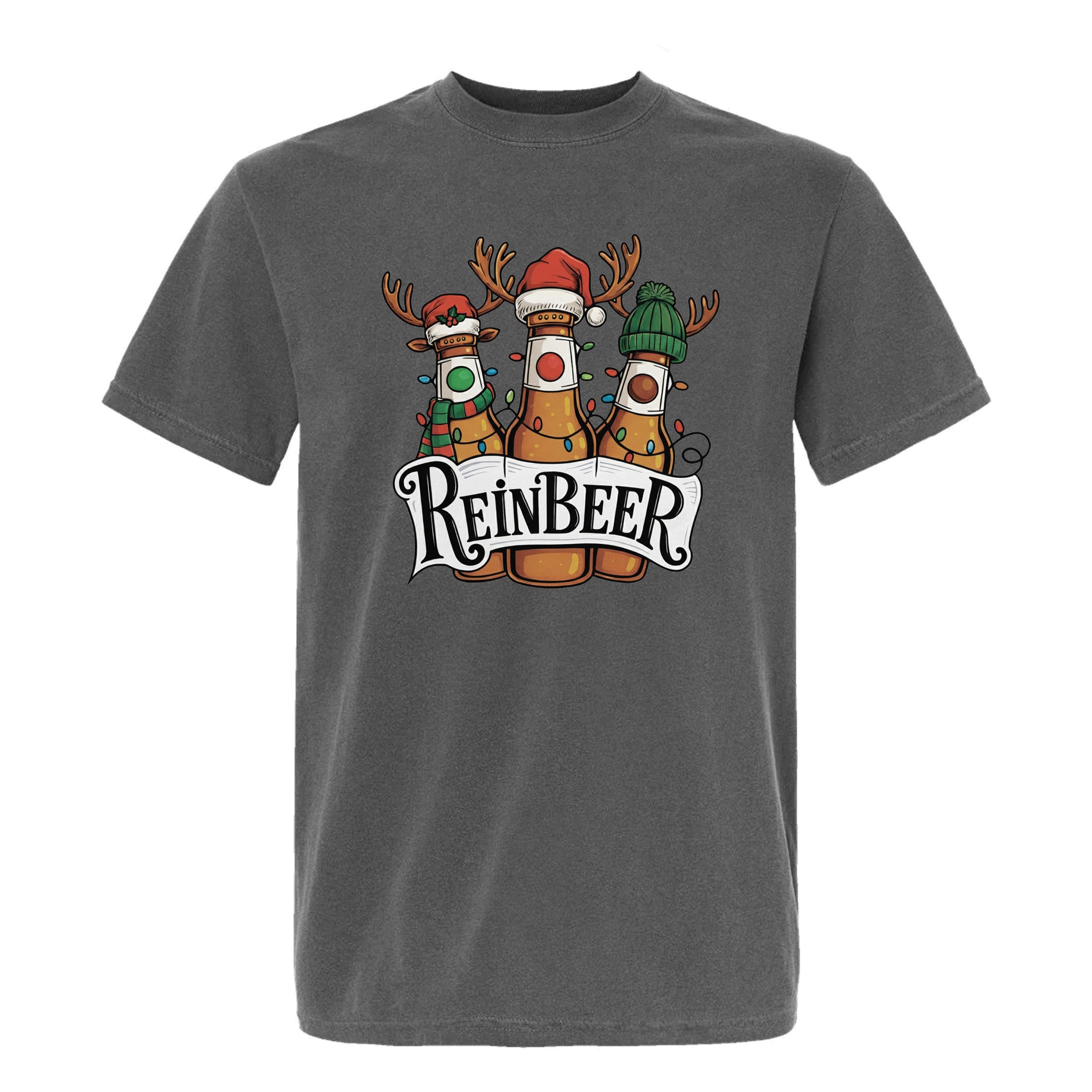 Gray Christmas graphic t-shirt with text "Reinbeer" featuring bottles of beer with antlers and Christmas hats.