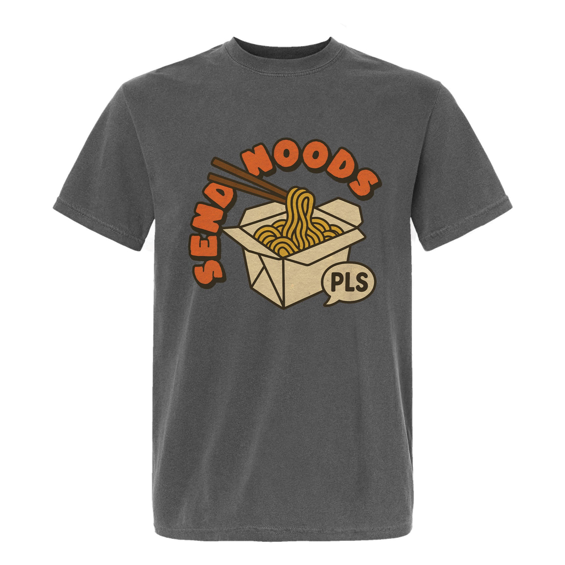 Gray funny graphic t-shirt with a graphic of a ramen box and text 'SEND NOODS PLS'