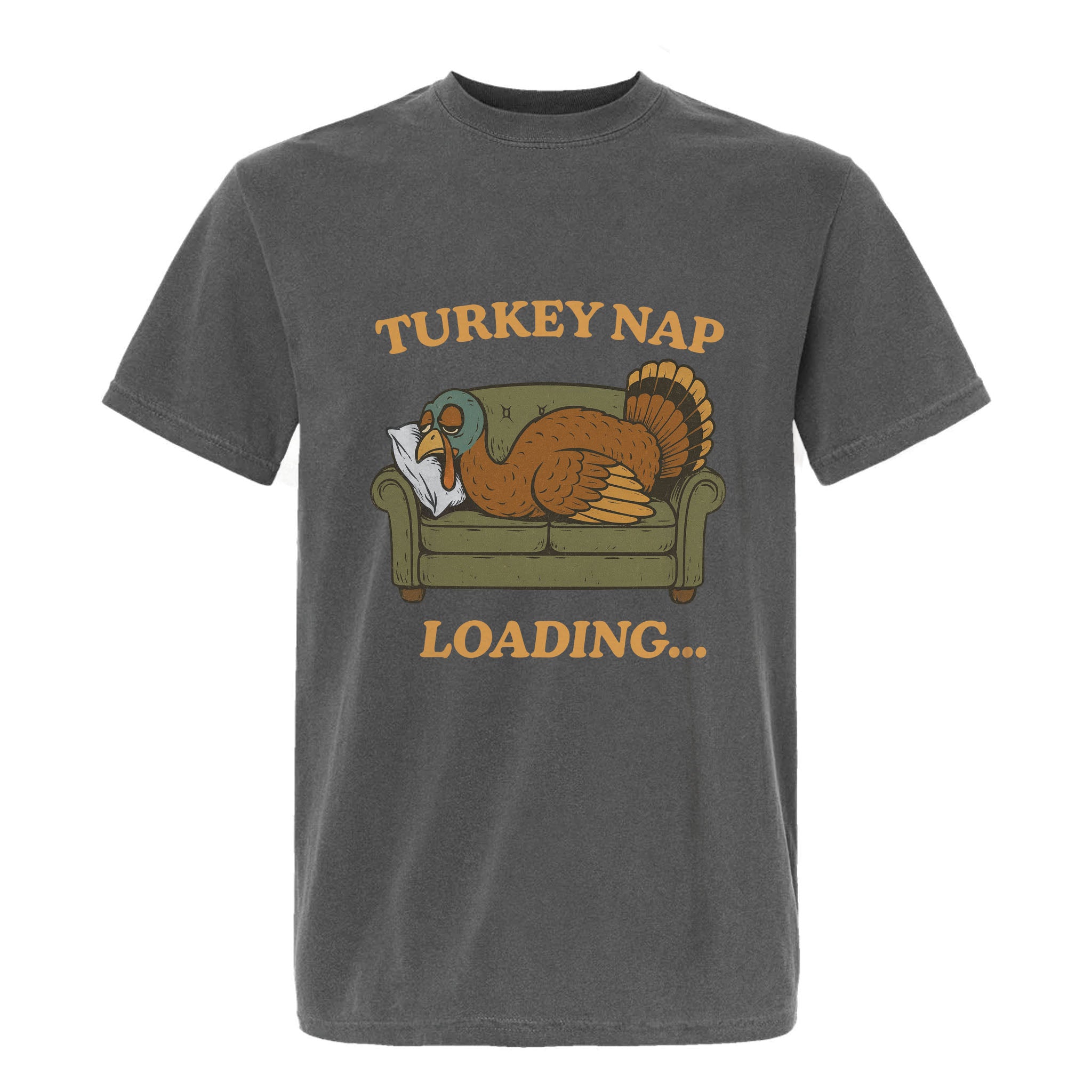 Gray Thanksgiving t-shirt with a graphic of a turkey on a couch and text 'Turkey Nap Loading...' on a white background