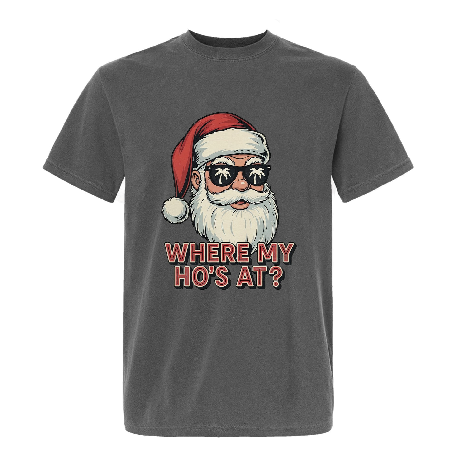 Gray Christmas graphic t-shirt with Santa and text 'Where My Ho's At?'