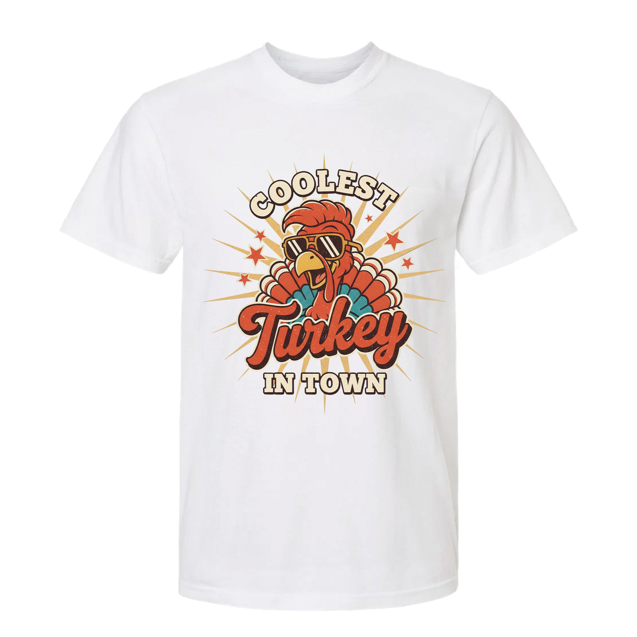 White Thanksgiving graphic t-shirt with 'Coolest Turkey in Town' graphic design on a white background