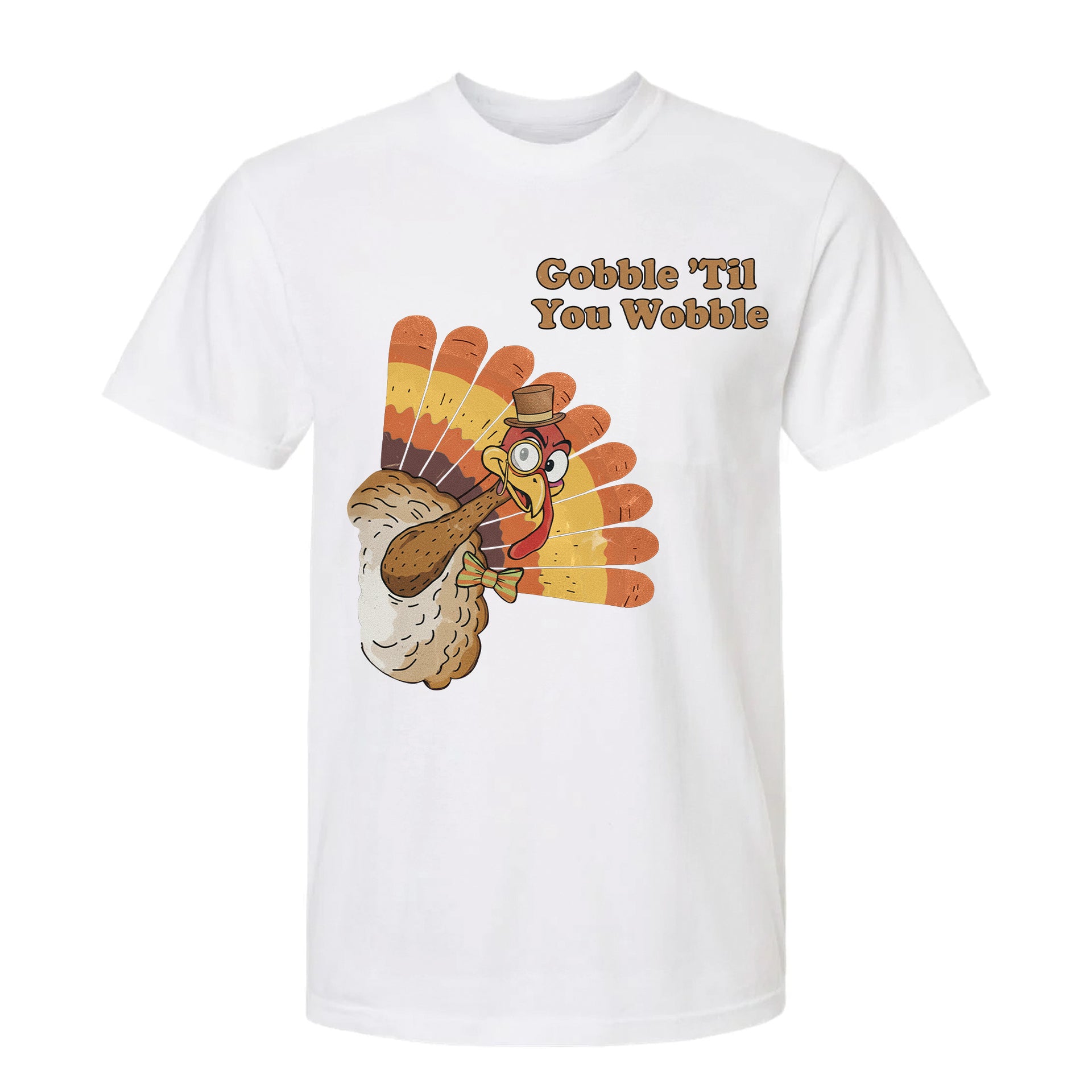 White Thanksgiving graphic t-shirt with a cartoon turkey and text 'Gobble 'Til You Wobble'.