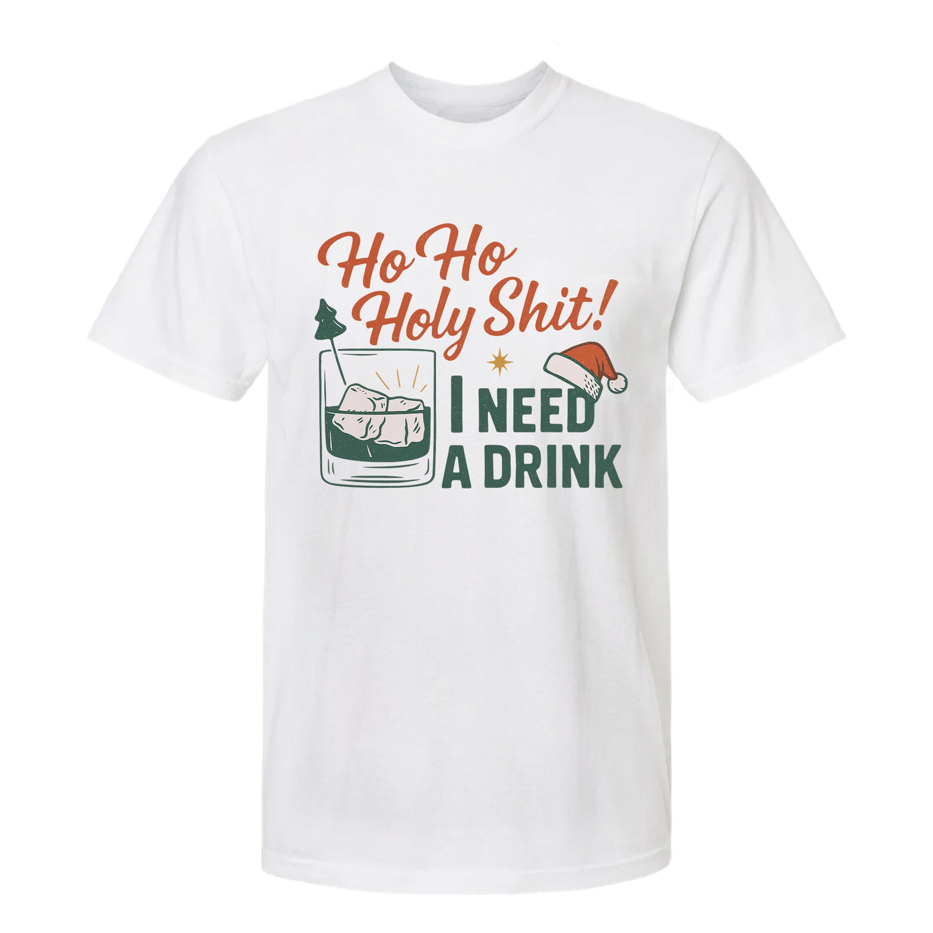 White Christmas graphic t-shirt with funny whiskey glass and Santa hat, featuring the text 'Ho Ho Holy Shit! I Need A Drink'.