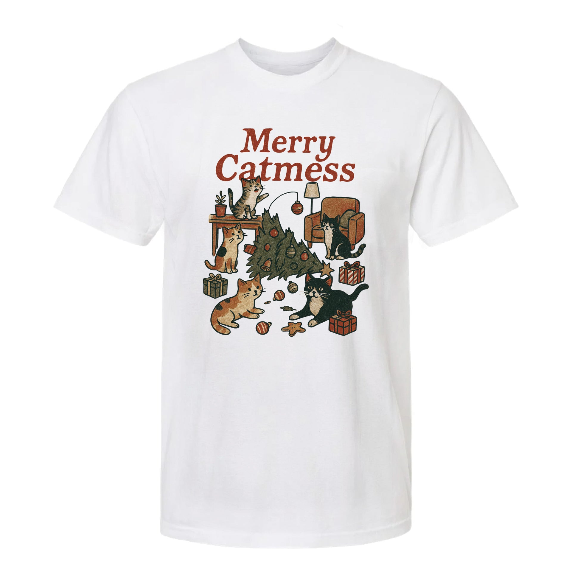 White Christmas graphic t-shirt with text 'Merry Catmess' featuring cats around a Christmas tree.