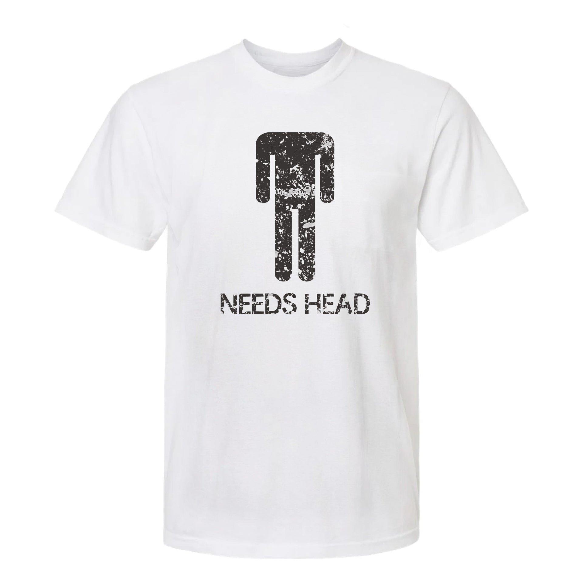 White funny graphic t-shirt with black graphic and text 'NEEDS HEAD'