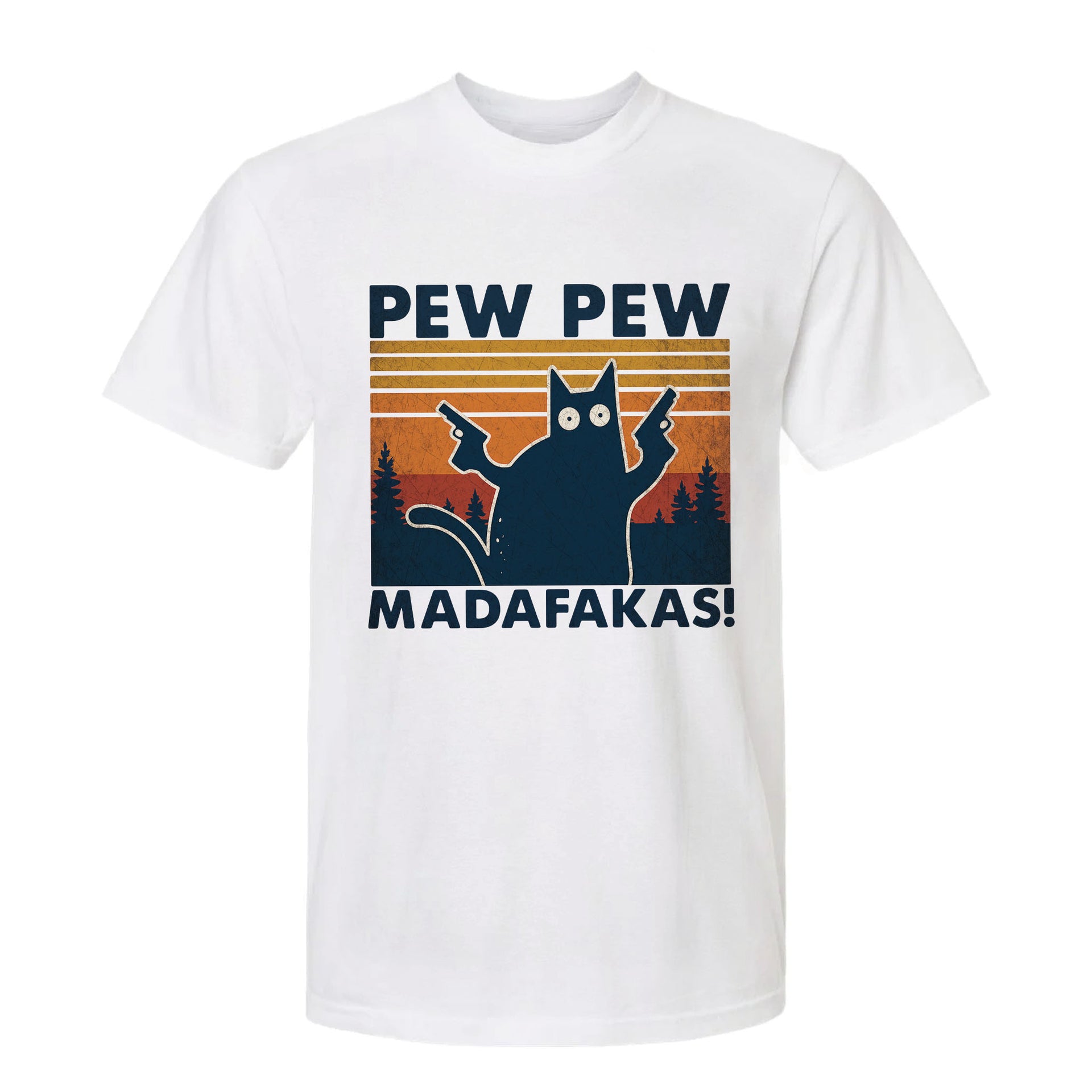 White funny graphic t-shirt with a graphic of a cat holding a gun and text "Pew Pew Madafakas!"