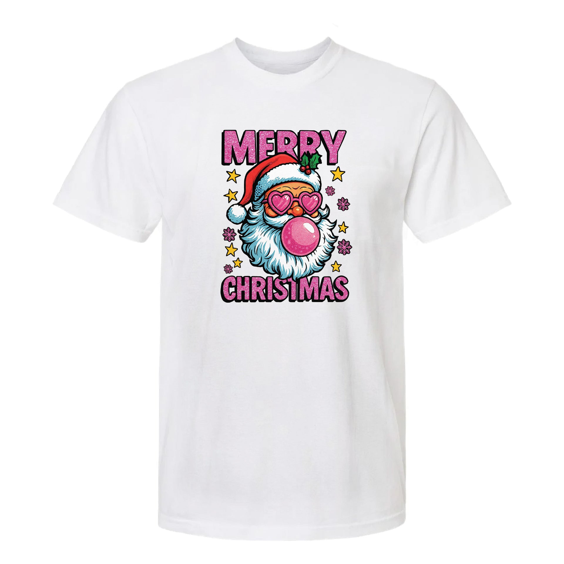White Christmas graphic t-shirt featuring Santa with heart-shaped glasses blowing pink bubbles and the text 'Merry Christmas'.