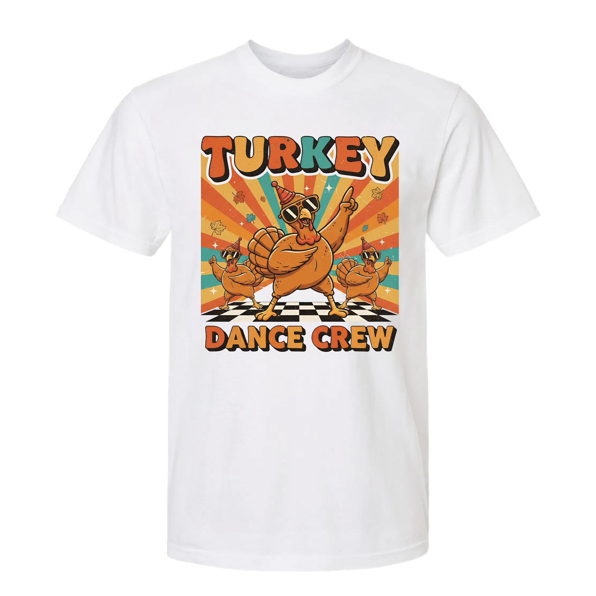 White Thanksgiving graphic t-shirt with a 'Turkey Dance Crew' graphic design on a white background