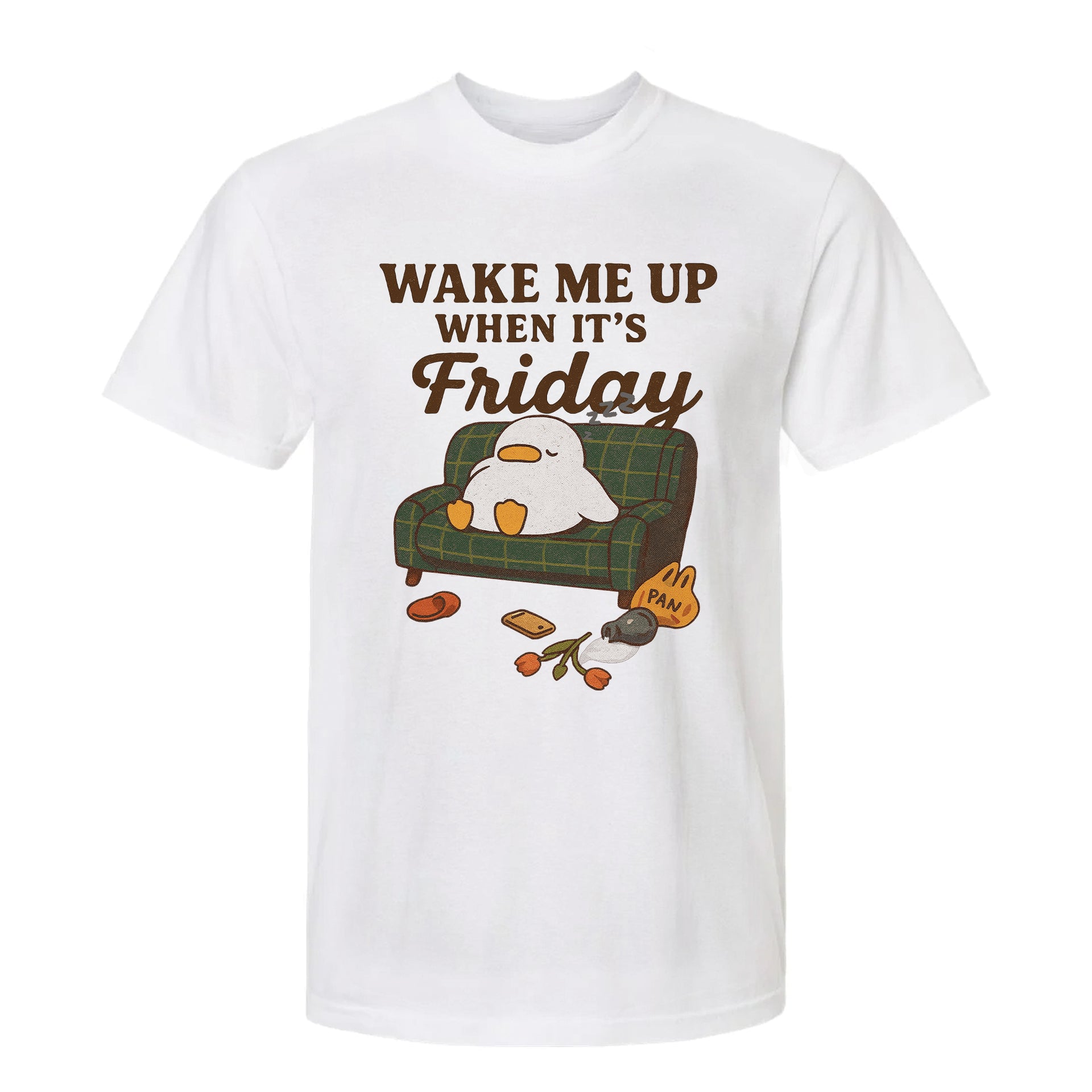 White funny graphic t-shirt with cartoon duck on a couch and text "Wake Me Up When It's Friday".